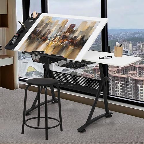 Adjustable Drawing Set SFIHOME Adjustable Drafting Table & Stool Set, Art Desk with Additional ...