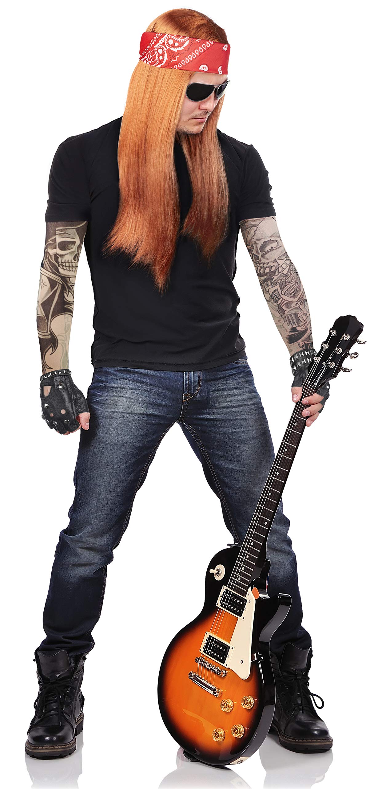 Balinco Men's 90s Rocker Complete Set with Wig + Headband + Sunglasses + Wristbands + Tattoo Sleeves + Gloves
