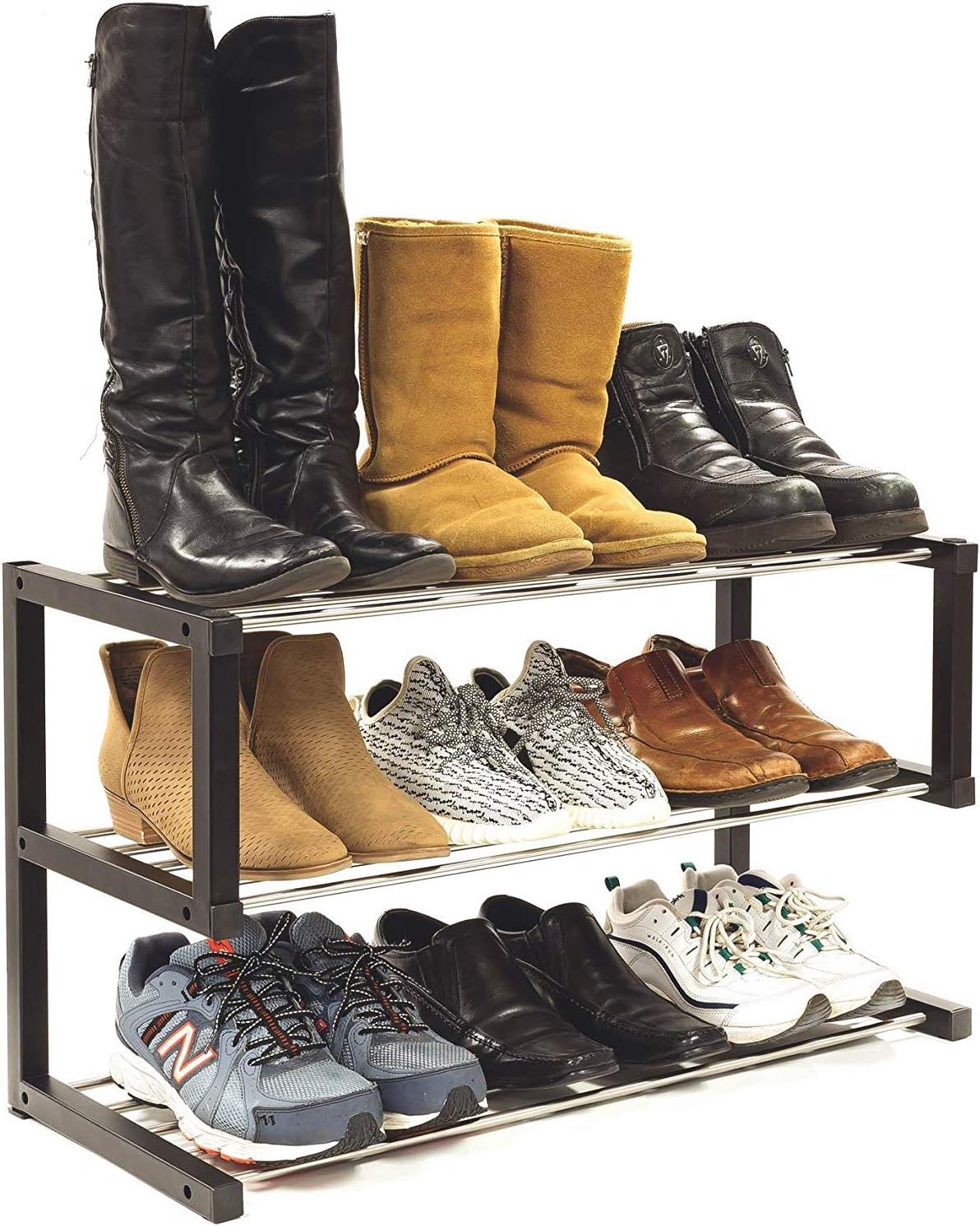 Allspace 3-Tier Stackable Shoe Rack, Durable and Sturdy Stainless Steel, 12-15 Pairs Shoe Organizer, Boot and Sneaker Storage Shelf, Perfect for Bedroom, Closet, Entryway, 12"D x 30"W x 17"H - 240078