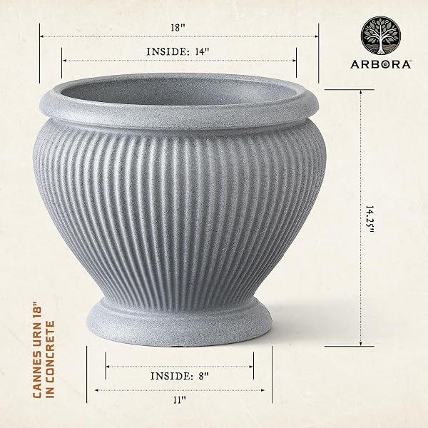ARBORA 18″ CANNES URN POLYRESIN INDOOR AND OUTDOOR PLANTER WITH STONE BLEND CONCRETE GRAY FINISH – DURABLE, WEATHERPROOF, LIGHTWEIGHT, LARGE PLANT POT FOR PATIO, GARDEN, DECK, ENTRYWAY