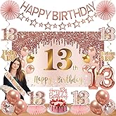 Turypaty 13th Birthday Decorations for Girls, Pink Rose Gold Happy 13 years old Birthday Banner Backdrop Balloons Sash Table Cake Topper Honeycomb Centerpieces Hanging Swirls Paper Fans Party Supplies