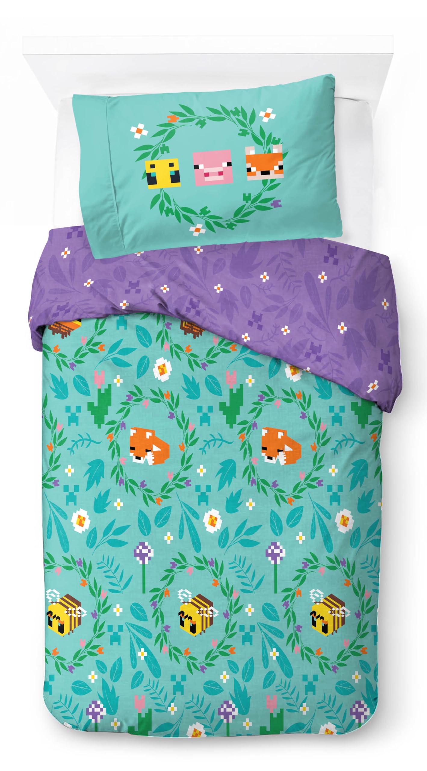 Jay Franco Minecraft Floral 100% Cotton Single Duvet Cover Set - Includes 50 x 70cm Pillowcase