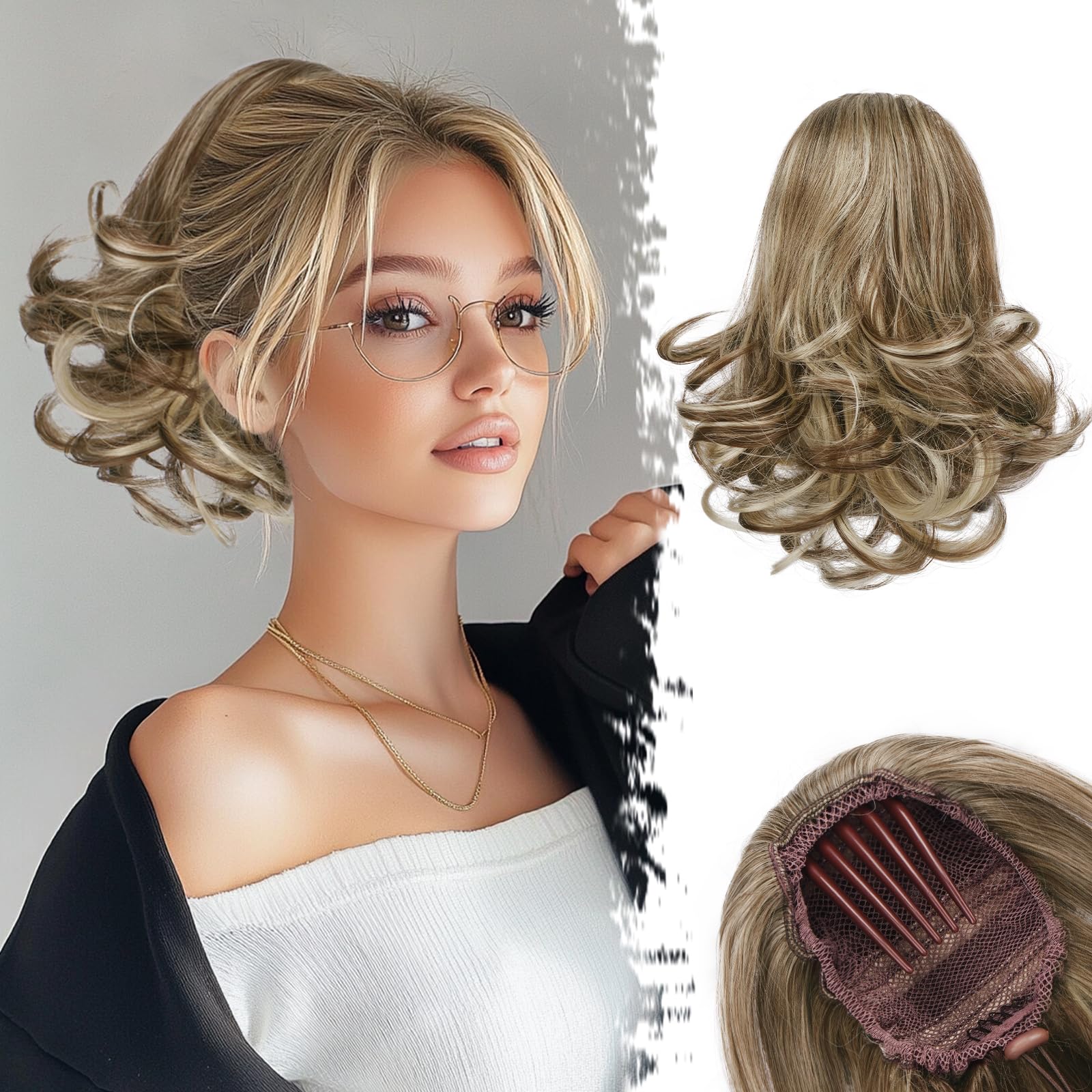 BARSDAR Drawstring Ponytail Extension, 10 Inch Short Wavy Highlight Ponytail Extensions for Women Synthetic Comb Clip in Ponytail Hairpieces Fake Pony Tails - Medium Brown with Highlights