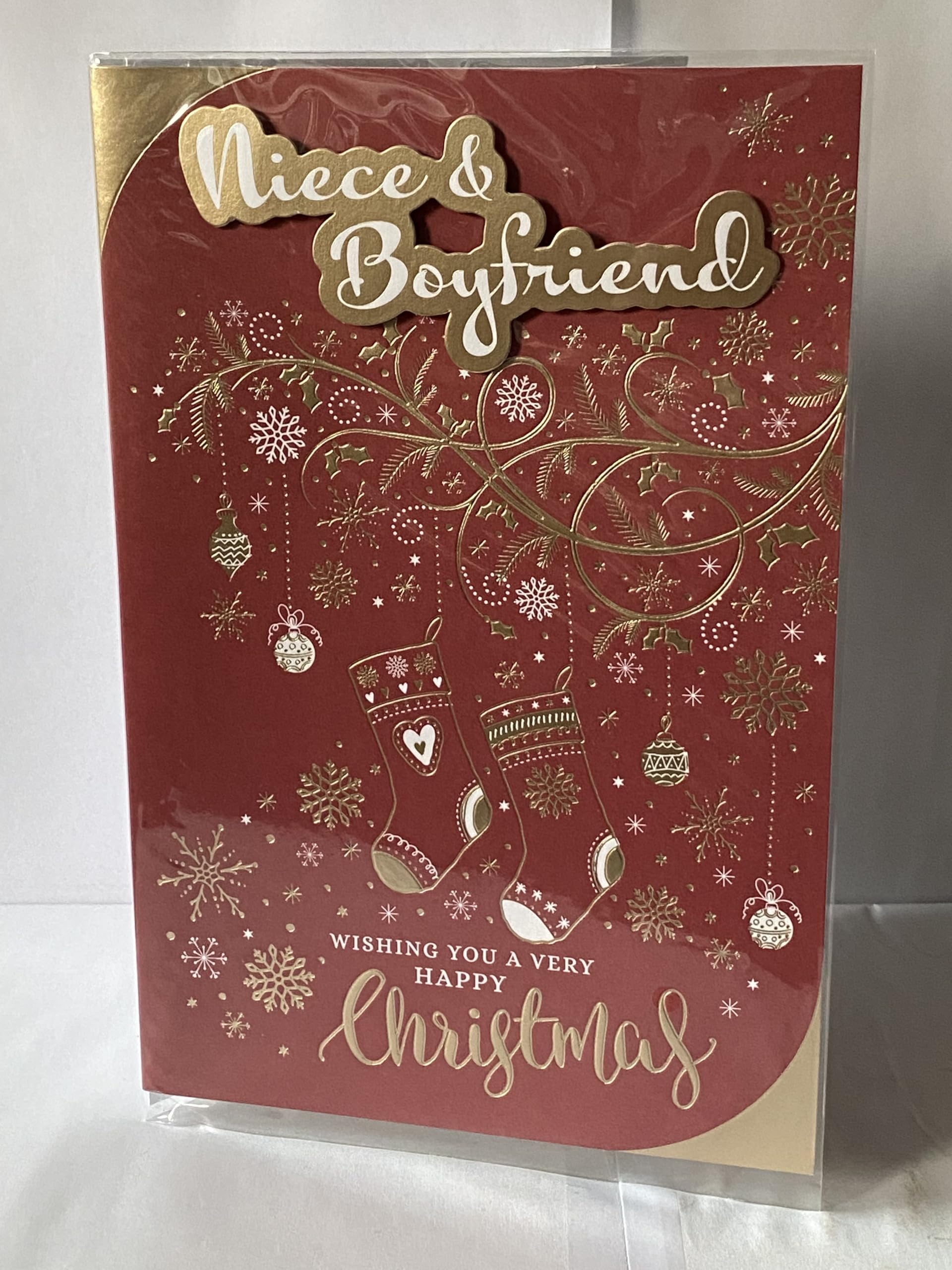 Niece & Boyfriend Wishing You A Very Happy Christmas Card Red/Gold/White Stockings/Baubles 3D/Foil Detail(PRELUDE45031)