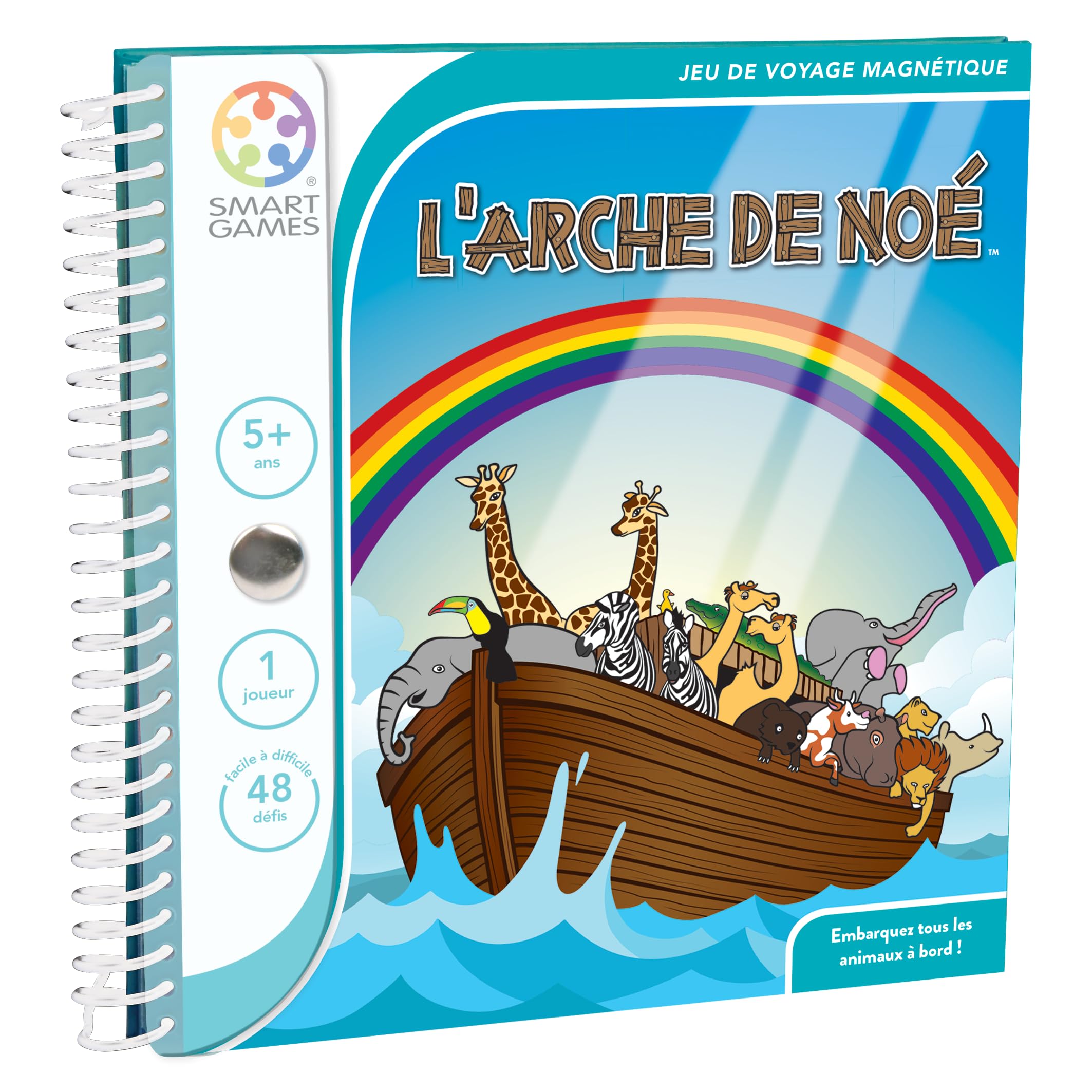 SmartGames - Noah's Ark - Magnetic Travel Game - Board all the animals on board - 48 challenges of different levels - 1 player - for ages 5 years and over