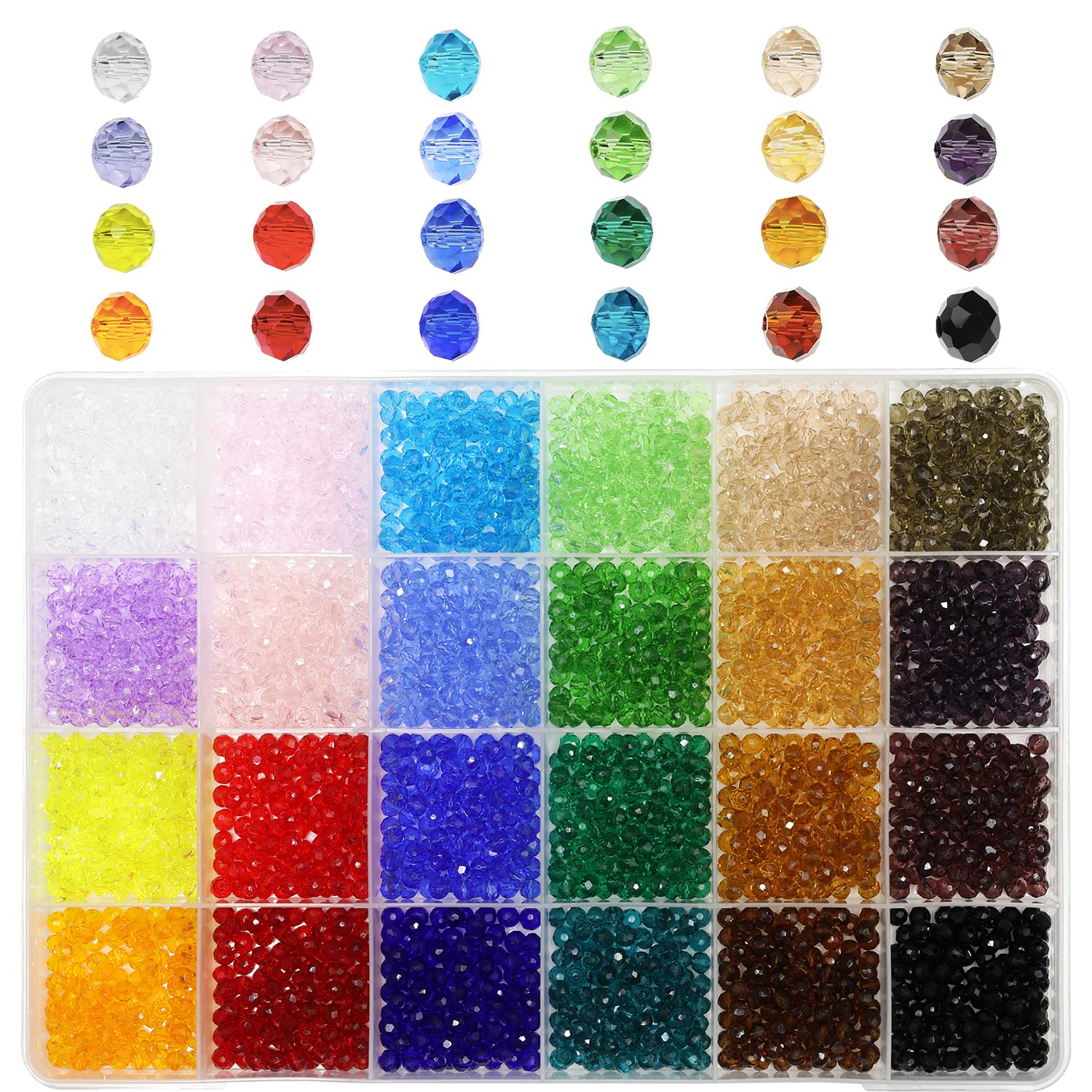 Bala&Fillic 4mm Briolette Glass Beads Faceted Rondelle Crystal Beads, DIY Craft Beads for Bracelet Assorted 24 Colors with Container Box (Total 2400pcs)