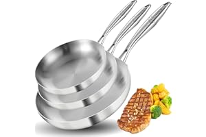 LOLYKITCH 8-10-12 Inch Tri-Ply Stainless Steel Frying Pan Set of 3,Chef's Pans,Skillets,Induction Cookware,Pots and Pans Set,