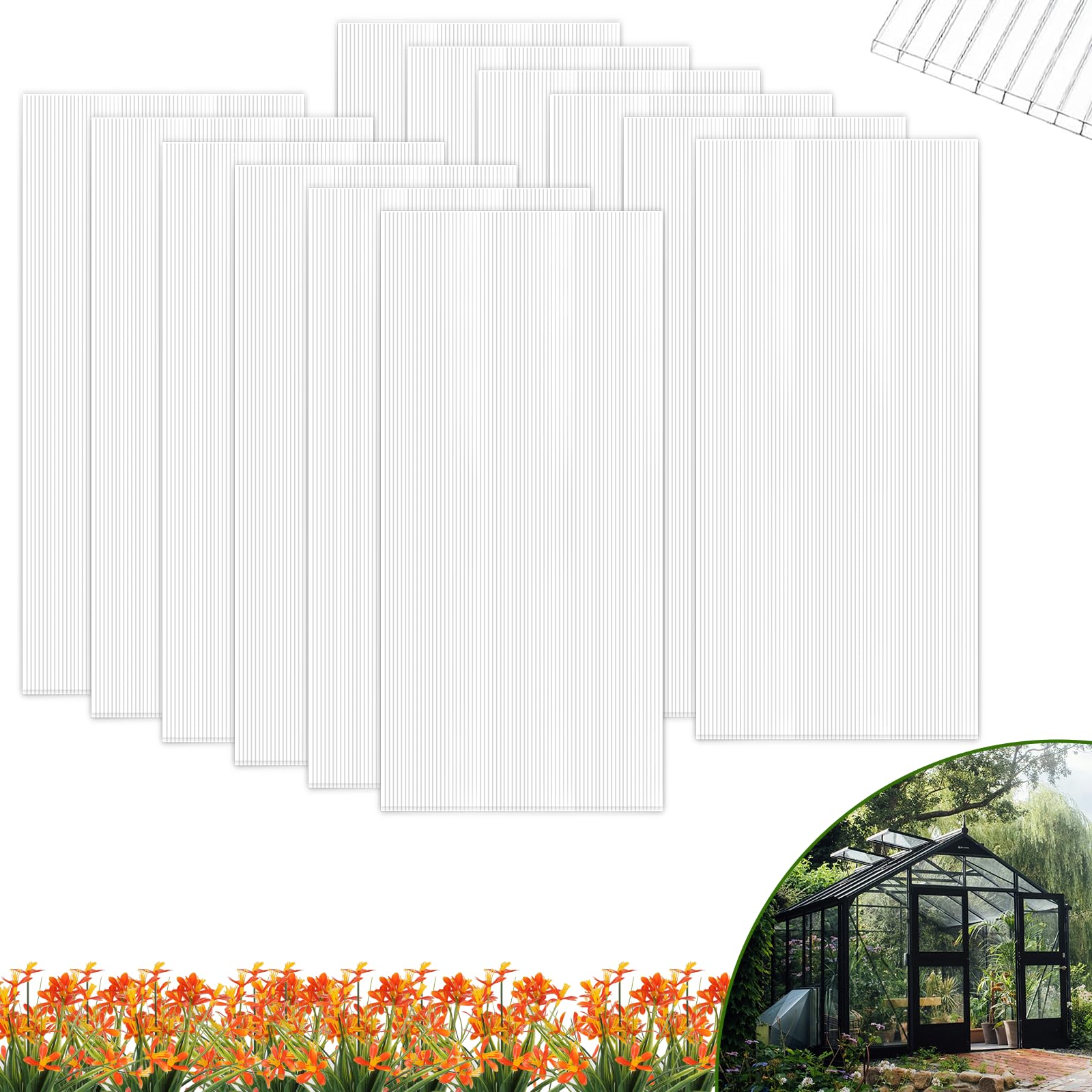 Photo 1 of 12 Pcs Polycarbonate Greenhouse Panels Polycarbonate Sheets Twin-Wall Roof Panels Waterproof UV Protected Clear Corrugated Plastic Roofing for Greenhouse, Outdoor, Plant Stand Roof(4' x 2' x 0.24'')