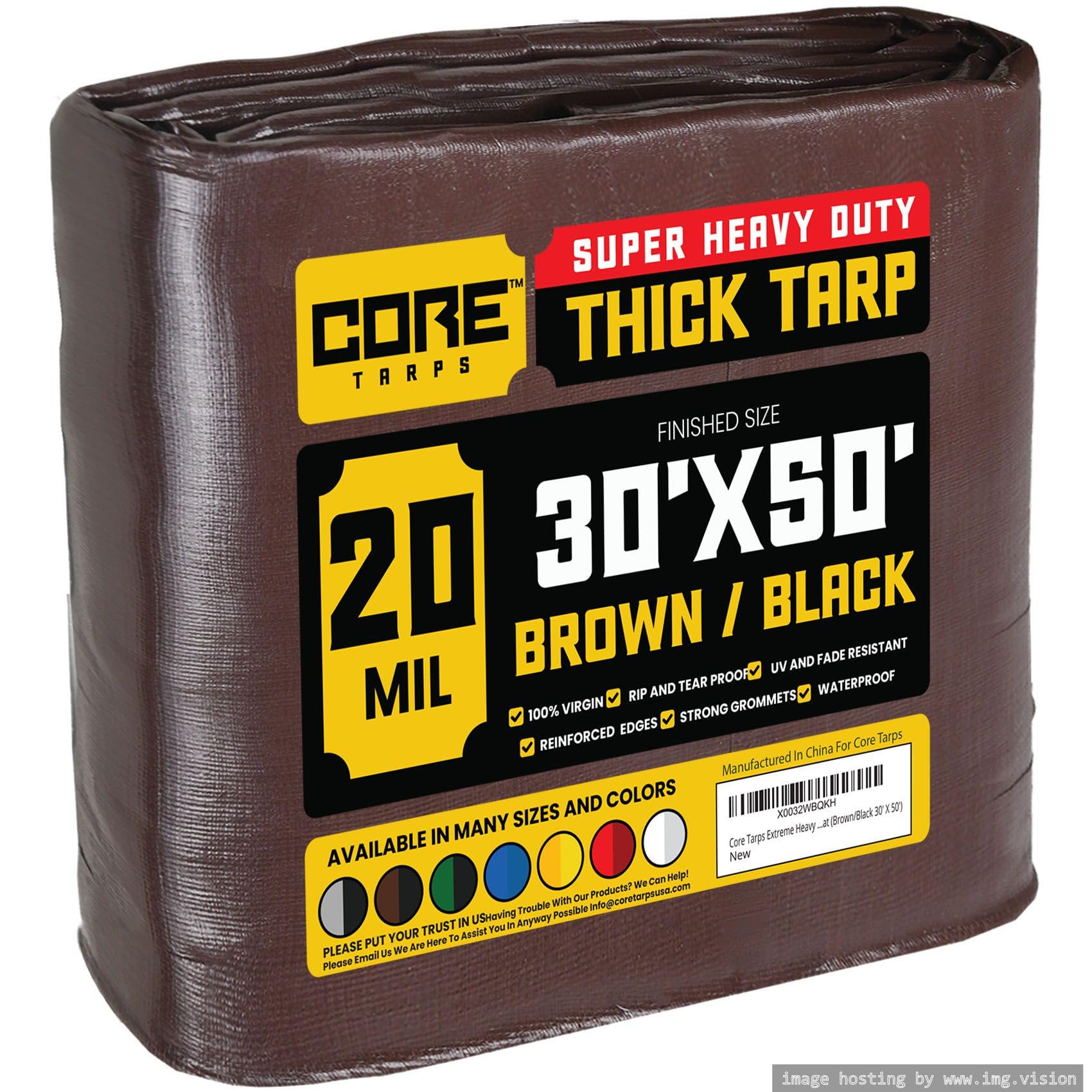 Core Tarps Extreme Heavy Duty 20 Mil Tarp Cover, Waterproof, UV Resistant, Rip and Tear Proof, Poly Tarpaulin with Reinforced Edges for Roof, Camping, Patio, Pool, Boat (Brown/Black 30′ X 50′) Image