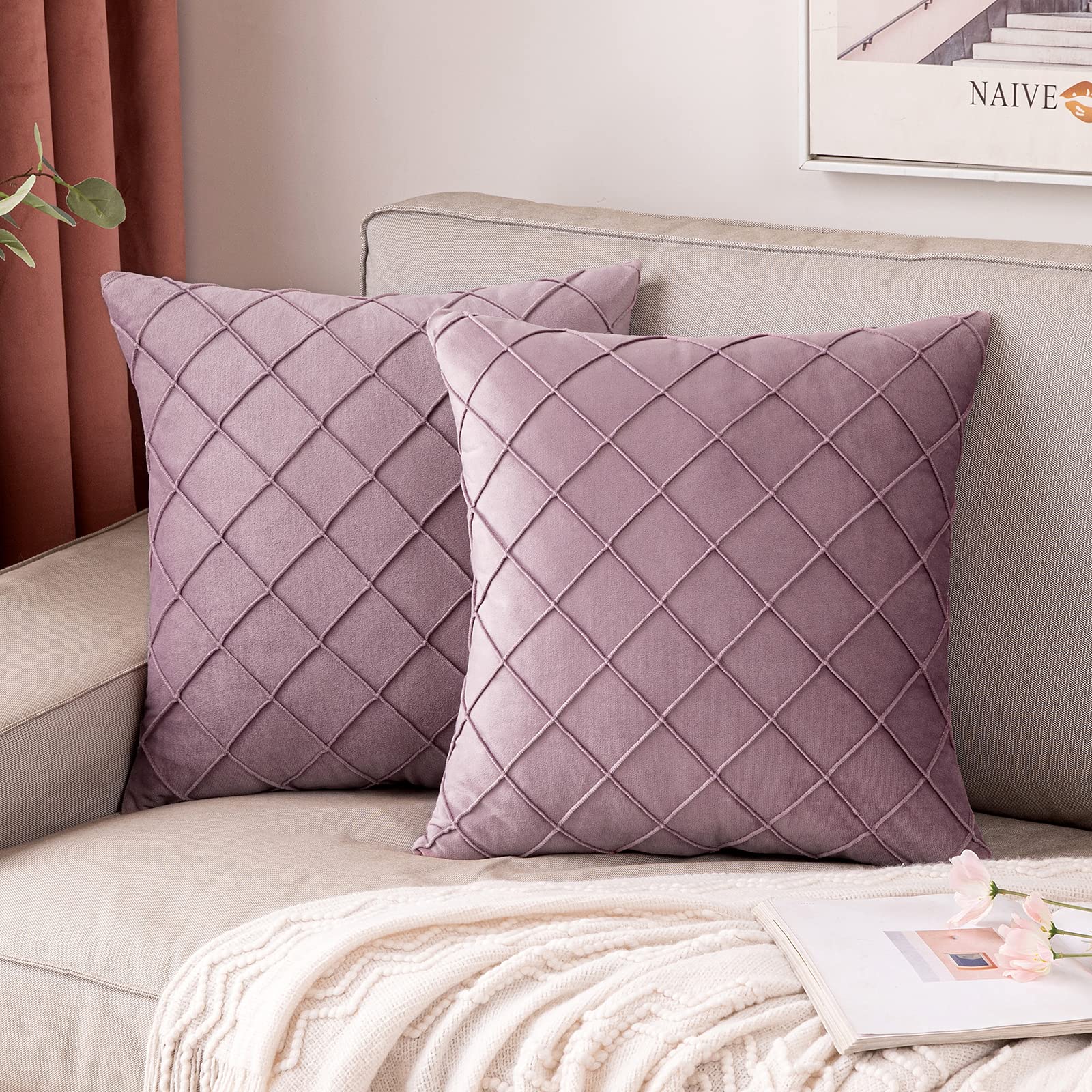 MIULEE Pack of 2 Velvet Cushion Covers Home Decoration with Square Pattern Throw Pillow Covers Super Soft Modern Smooth Washable for Living Room Bedroom Sofa Taro Purple 45x45cm 18x18 Inch