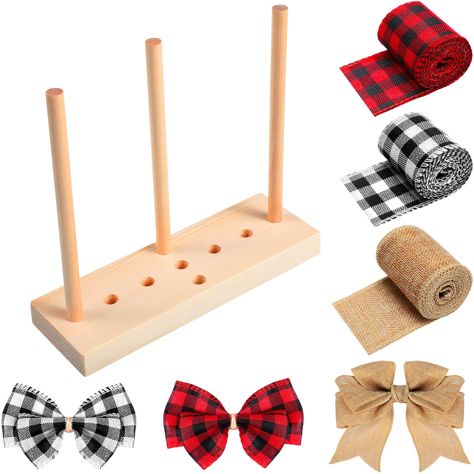 Wooden Ribbon Bow Maker with 3 Rolls Wired Burlap Bow Maker Tool for Craft for Christmas Bows Holiday Wreaths Crafts Decoration