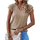 Hount Womens V Neck Ruffle Short Sleeve Tops Casual Ribbed Cute T Shirts Loose Fit Summer Shirts Blouses
