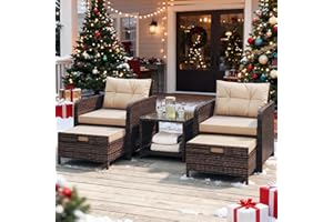 LHBcraft 5 Piece Patio Conversation Set Outdoor Patio Chairs with Ottomans Balcony Furniture with Soft Cushions & Coffee Table for Poolside Garden Balcony (Beige Cushion + Brown Rattan)