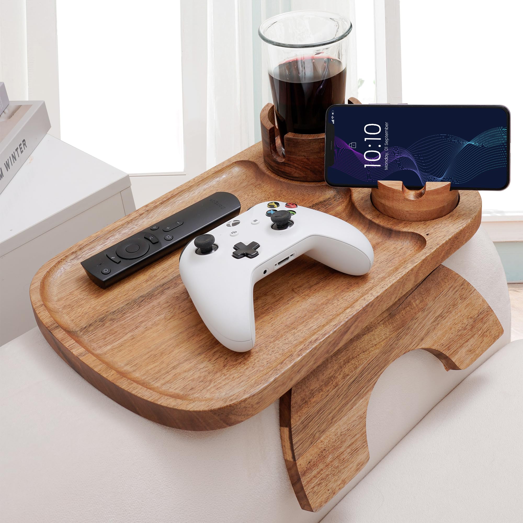 Photo 1 of UrbanRoost Acacia Wood Couch Arm Tray,3 in 1 Large Clip on Couch Arm Table with 360° Rotated Phone Holder and Cup Holder, 15.35"x9.85"