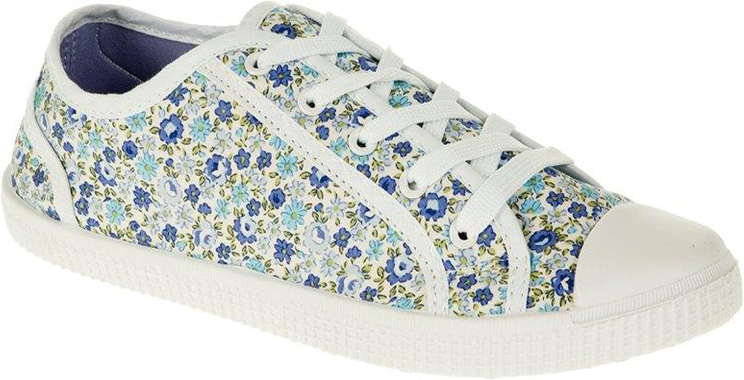 Womens Flat Plimsoles Casual Floral Lace Up Canvas Ladies Shoes Pumps Trainers (UK8, Blue Floral)