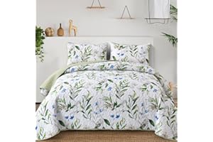 Anibedding Sage Green Botanical Quilt Set Queen,3 Pieces Floral Bedspread Reversible Lightweight Bedding Set with 2 Pillowcases for All Season(Sage Green,96"x90")