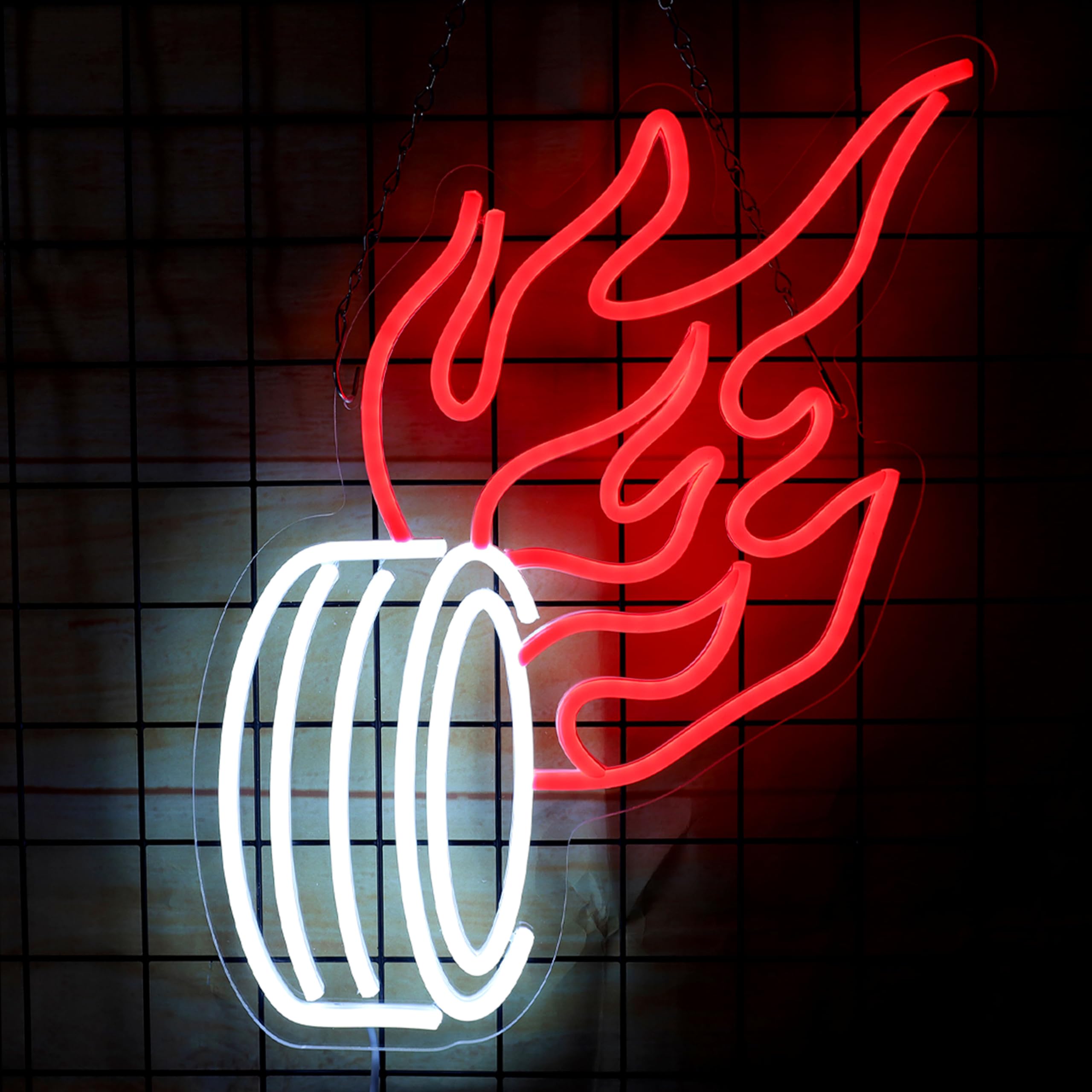 Photo 1 of Fire Car Neon Sign Burning Tire Neon Light LED Light Up Sign for Man Cave Decor Garage Gifts for Men Auto Repair Decor Wall Art 12.6 * 16.5IN