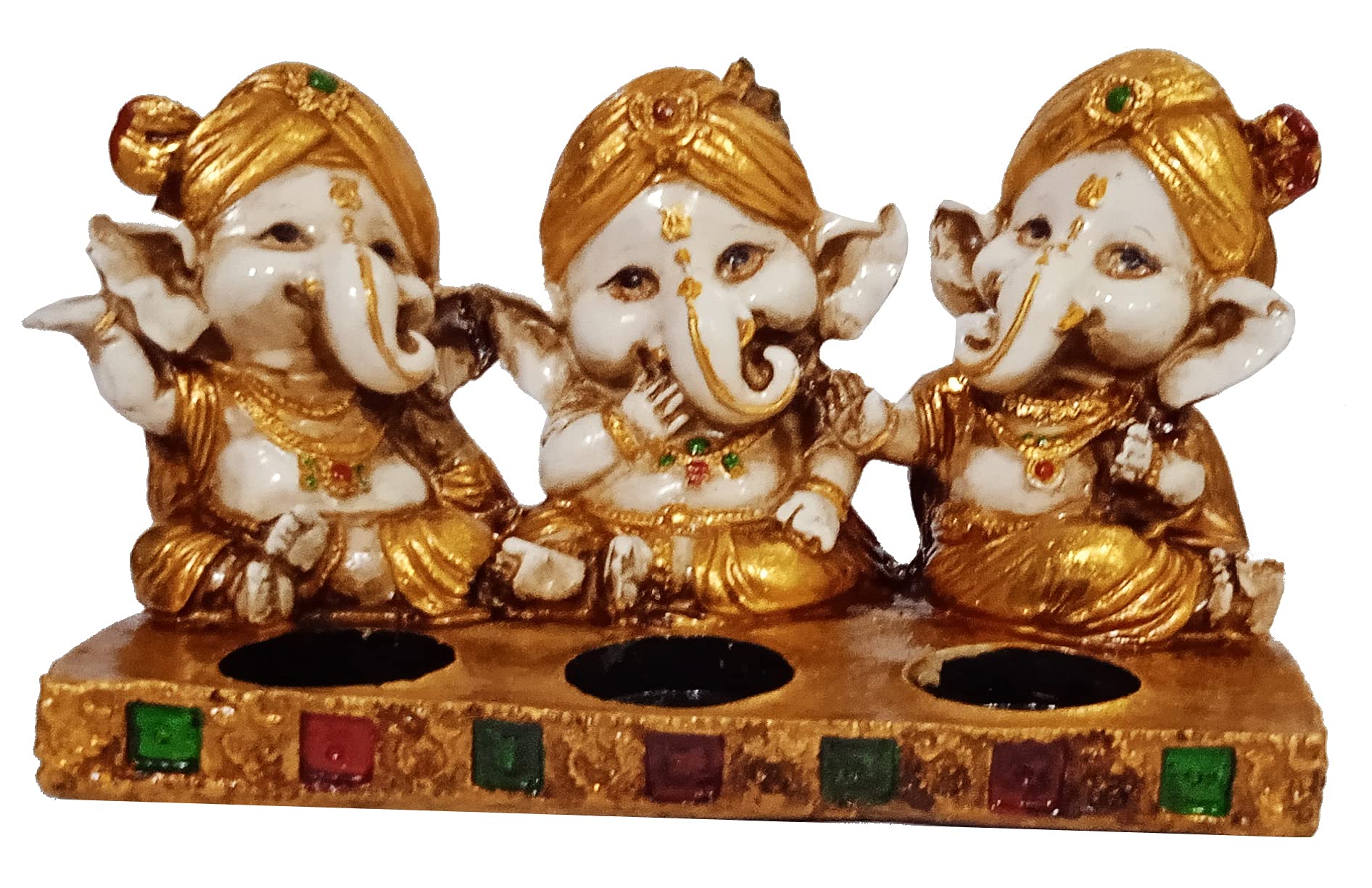 Purpledip Resin Candle Stand T-Light Holder: Three Ganesha (12371)