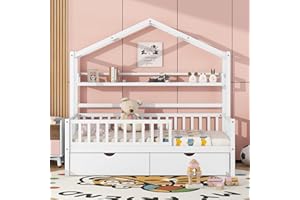 DEINPPA Twin House Bed with Drawers, Kids Bed with Shelf and Fence Guardrails, Wood Bed Frame with Decorative Roof Designs, No Box Spring Needed, for Boys Girls Toddler Kids-Grey