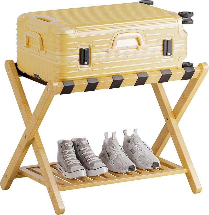 SMIBUY Luggage Rack Foldable Bamboo Stand with Storage Shelf Natural