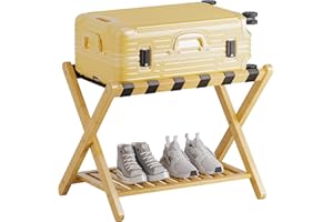 SMIBUY Luggage Rack, Foldable Bamboo Suitcase Stand with Storage Shelf for Guest Room, Bedroom, Hotel, Heavy-Duty (Natural)
