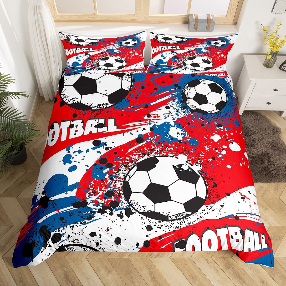 Homewish Football Print Duvet Cover Set Soccer Sport Bedding Set Double Boys Girls Red Blue Splash Grafitti Decor Comforter Cover Kids Teens Ball Game Bedding,3Pcs Soft Cozy Microfiber Quilt Cover