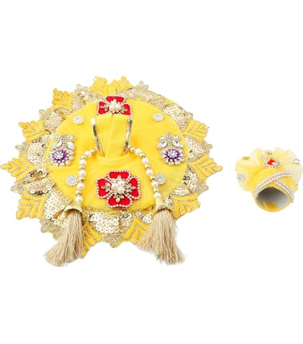Vestito Per Idolo Laddu Gopal – Poshak In Tessuto Seta Con Mukut, Per Statua In Metallo Di Bal Krishna, Colore Giallo, Diametro 10 Pollici