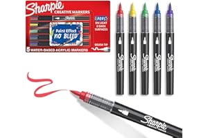 Sharpie Creative Markers, Water-Based Acrylic, Brush Tip, Assorted Colors, 5 Count – Arts & Crafts, Kids Activity, School Classroom; Works on Paper, Metal, Wood, Ceramic, Glass, Rock, Canvas