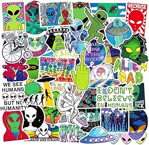 Water Bottle Alien Stickers Laptop Stickers UFO Stickers Pack 50 Pcs Decals for Water Bottle Laptops Ipad Cars Luggages