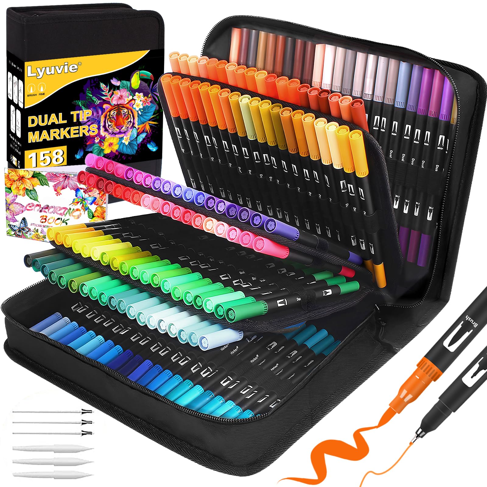 Lyuvie 158 Colouring Pens Felt Fineliner Tip Dual Tip Brush Coloured Markers with Black Case for Adults and Children Drawing Lettering Sketching Easter Christmas