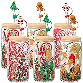 Widecook 6 Set DIY Christmas Cup Gifts Ideas Glasses Cups Bulk 18oz Gingerbread Pinetree Candy Canes Mason Jar Filled with Lid and Straw Raffia for Friends Coworker Teachers Gift Christmas Party Favor