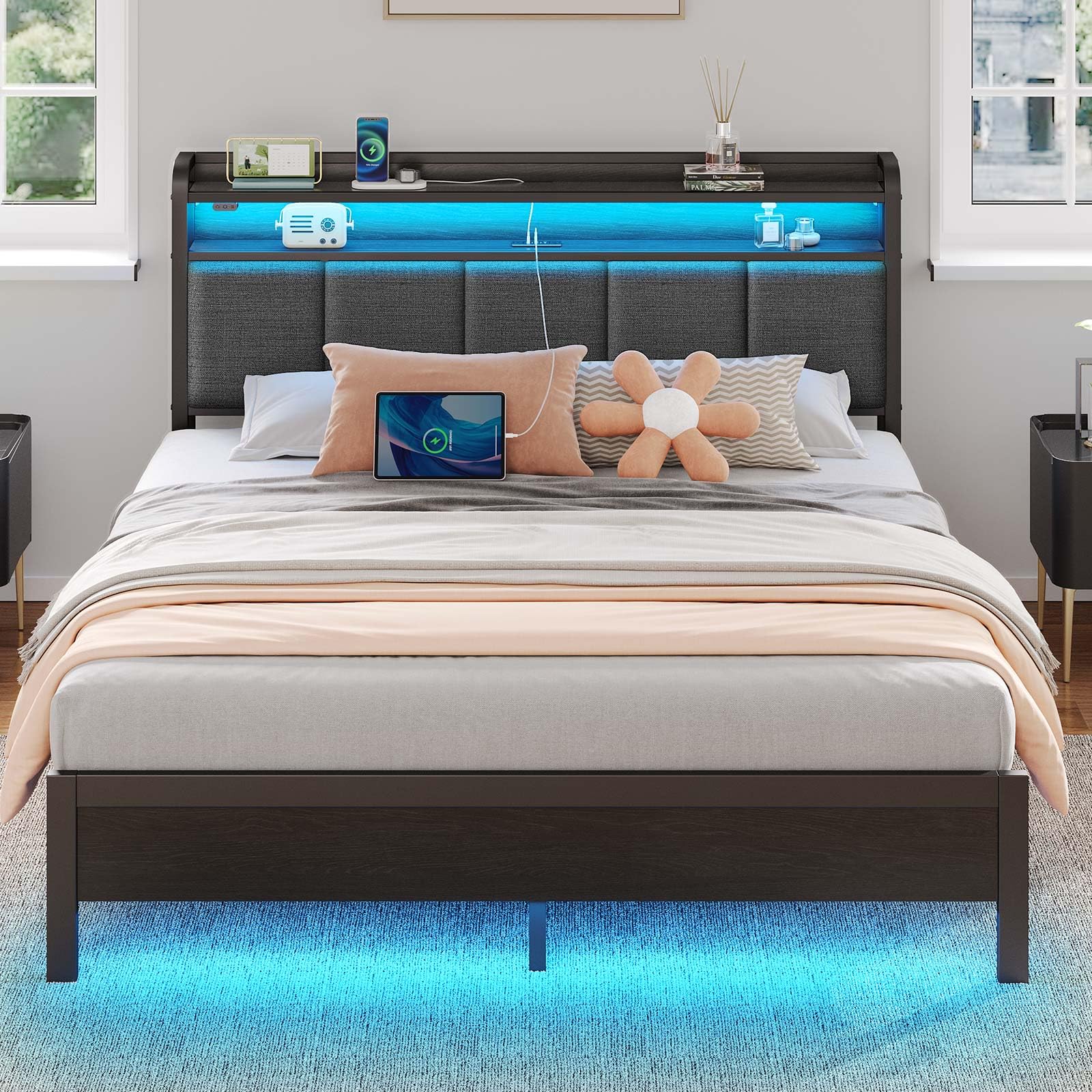 Rolanstar Queen Bed Frame with LED Lights, Upholstered Headboard, Charging Station, Storage Shelves, Heavy Duty Metal Slats, No Box Spring Needed, Noise Free, Easy Assembly, Dark Grey Image