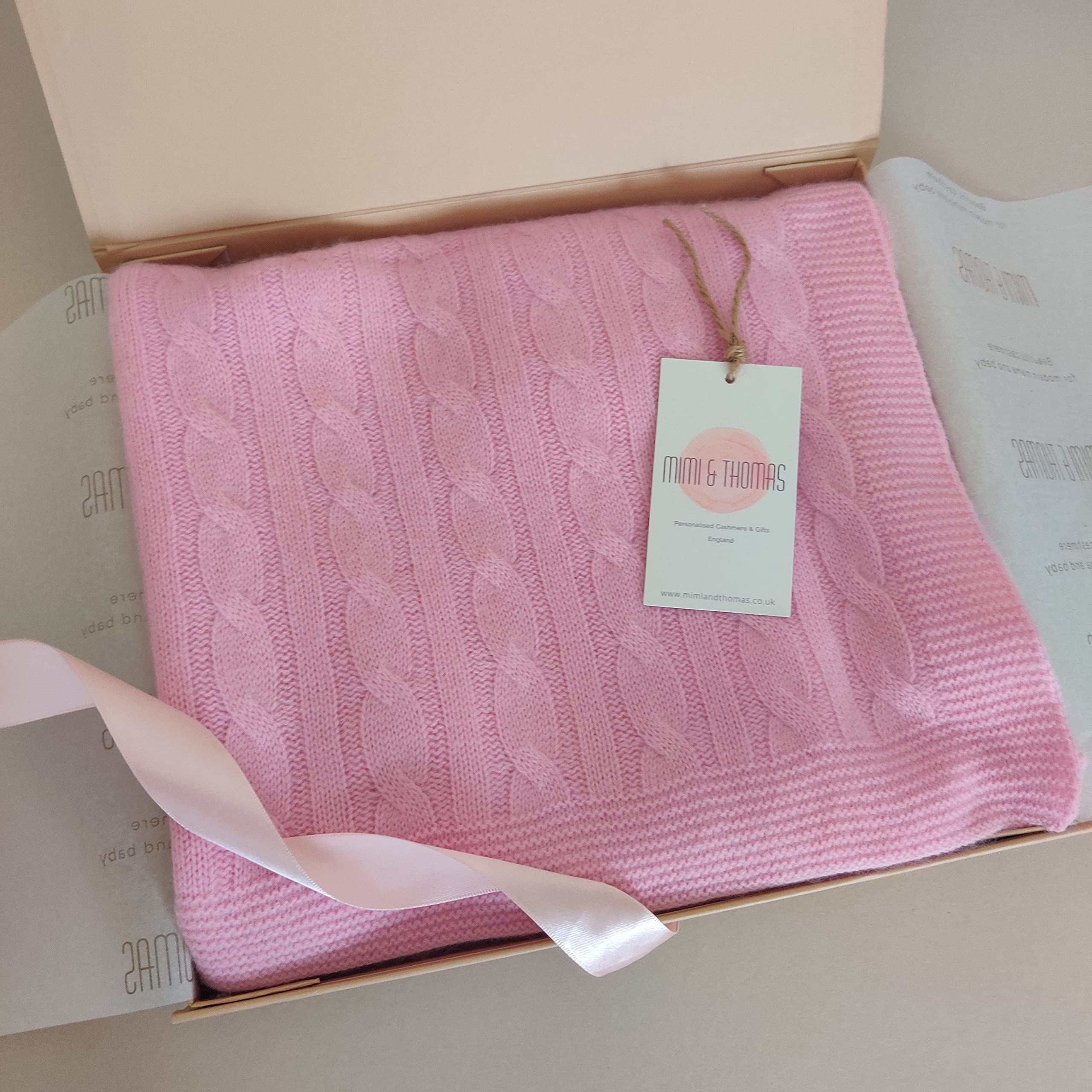 Mimi & Thomas Pure 100% Cashmere Cable Knit Unisex Knitted Baby Blanket in Gift Box (Pink) — image 1