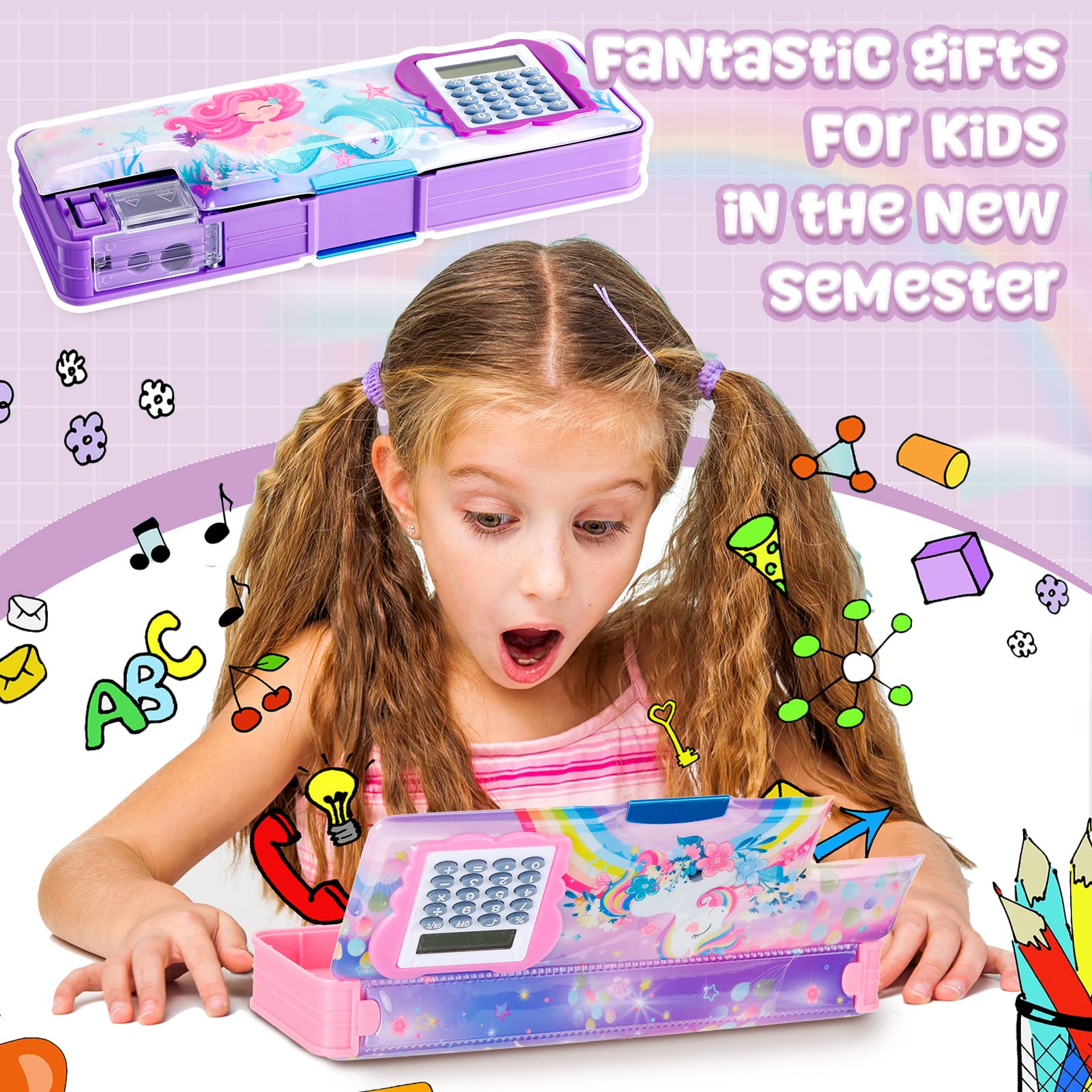 Henoyso Multifunctional Pencil Box for Girls Mermaid Pencil Case with Calculator and Sharpener Cool Cute Pencilcase School Supplies Essentials Back to School Gift Birthday Present for Kids Teens