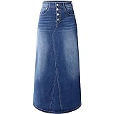 Womens Long Denim Skirt Casual A-Line Stretch Jean Skirt for Women High Waisted Vintage Denim Maxi Skirt with Pockets Blue