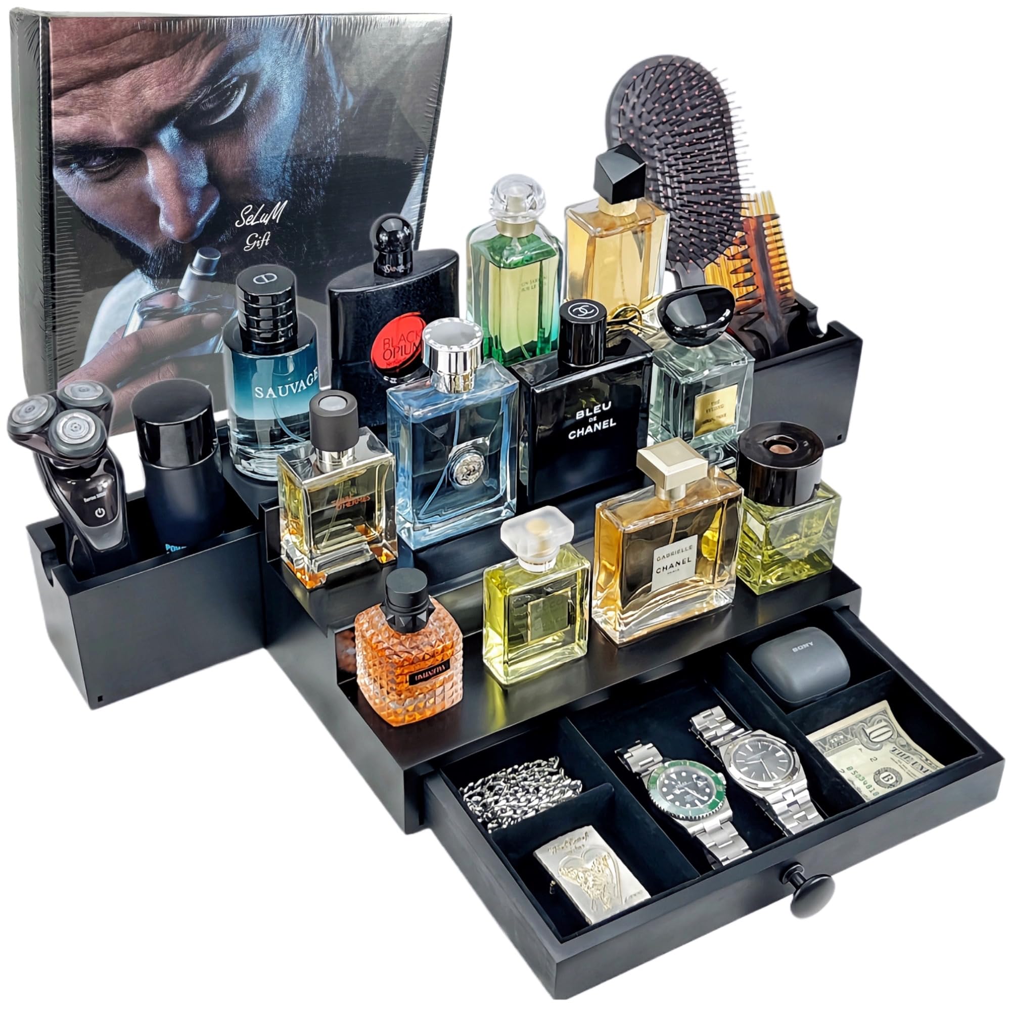 Photo 1 of Classic Wooden Cologne Organizer for Men 3 Tier Black | High Grade Velvet Lining and Stylish Gift Box | Uncluttered Design Perfume Display Stand Gift Idea | SELUM