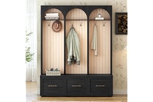 Merax Farmhouse Wood Hall Tree with 8 Hooks and Shoe Bench, Mudroom Versatile Coat Racks with 3 Drawers, Entrance Organizer for Hallway Black