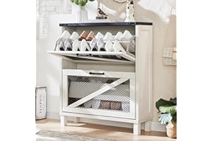 JXQTLINGMU Shoe Cabinet with 2 Flip Drawers, Farmhouse Shoe Storage Cabinet with Mesh Doors and Adjustable Shelves, Rustic Wooden Shoe Organizer, Small Shoe Cabinet Storage for Entryway, White