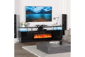 GarveeHome 70 Inch Fireplace TV Stand with 36 Inch Electric Fireplace, 12 Colors LED Lights, 750W/1500W for Max 80 Inch TV, 2 Tier Storage 2 Door Cabinet Tv Stand with Fireplace