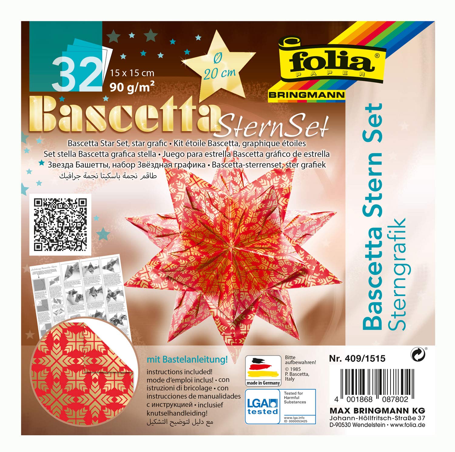 Folia 211/1010 Craft Set Bascetta Star Elegance Wildlife 32 Sheets 9.5 x 9.5 cm Finished Size of Paper Star Approx. 15 cm, with Detailed Instructions - Ideal, 409/1515