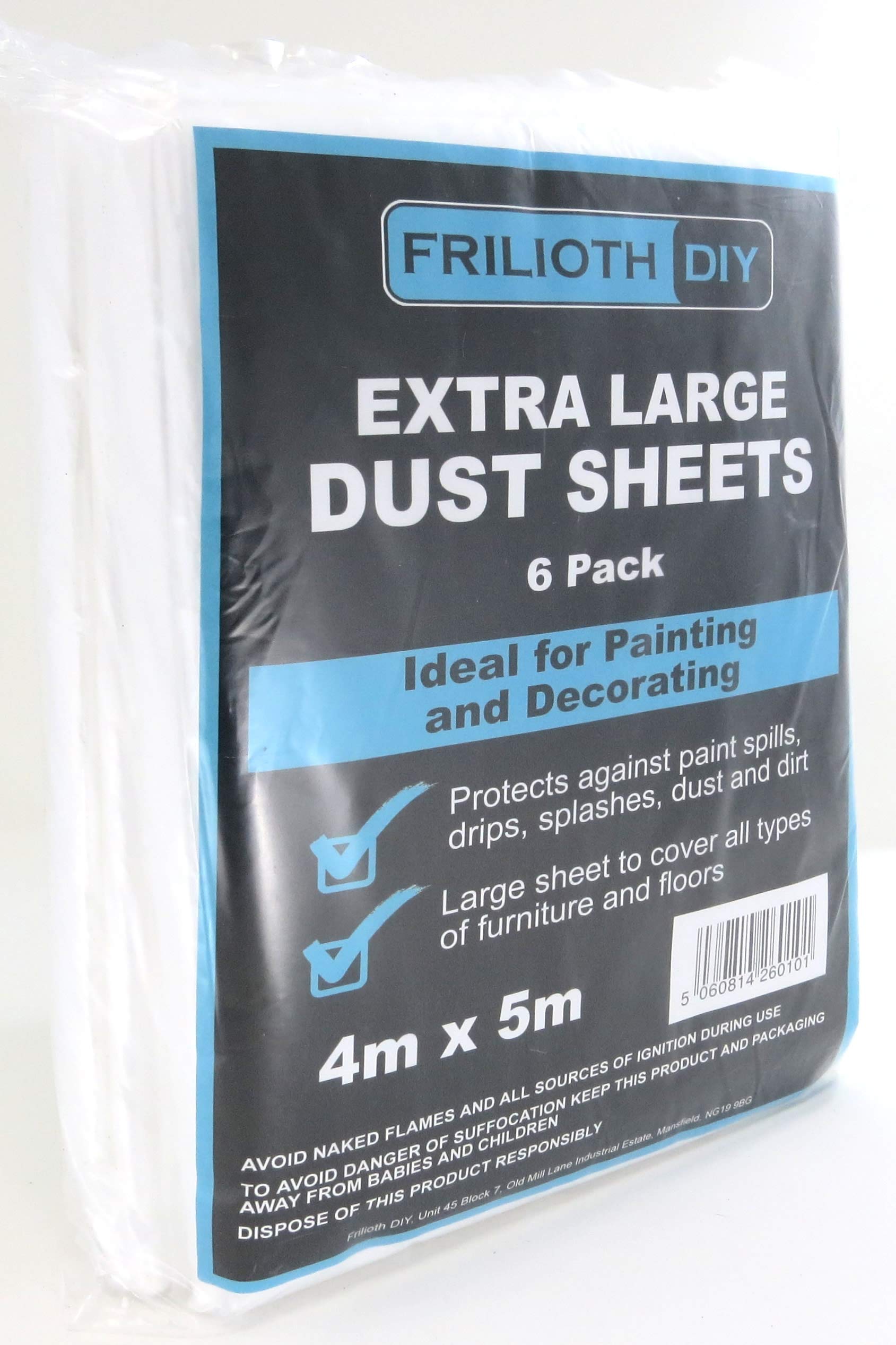 Frilioth® Frilioth® 6-Pack, Large Plastic Dust Sheets - Ultimate Protection for Surfaces & Furniture by Builders, Decorators, and DIY Experts (Polythene, 4m x 5m)