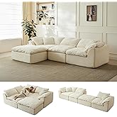 109" Modern Cloud Couches for Living Room, Deep Seat Convertible L-Shape Boneless Couch with Ottoman, Oversized Comfy 3-Seater Couch Chenille Fabric Compressed Sofa Modular Sectional Sofa,Creamy White