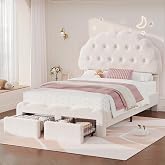 Decofy Full Bed Frame with 2 Storage Drawers, Cloud Cookie Full Size Upholstered Bed Frames with Adjustable Headboard and High Footboard, for Princess/Prince Bedroom, Teddy Fleece, White
