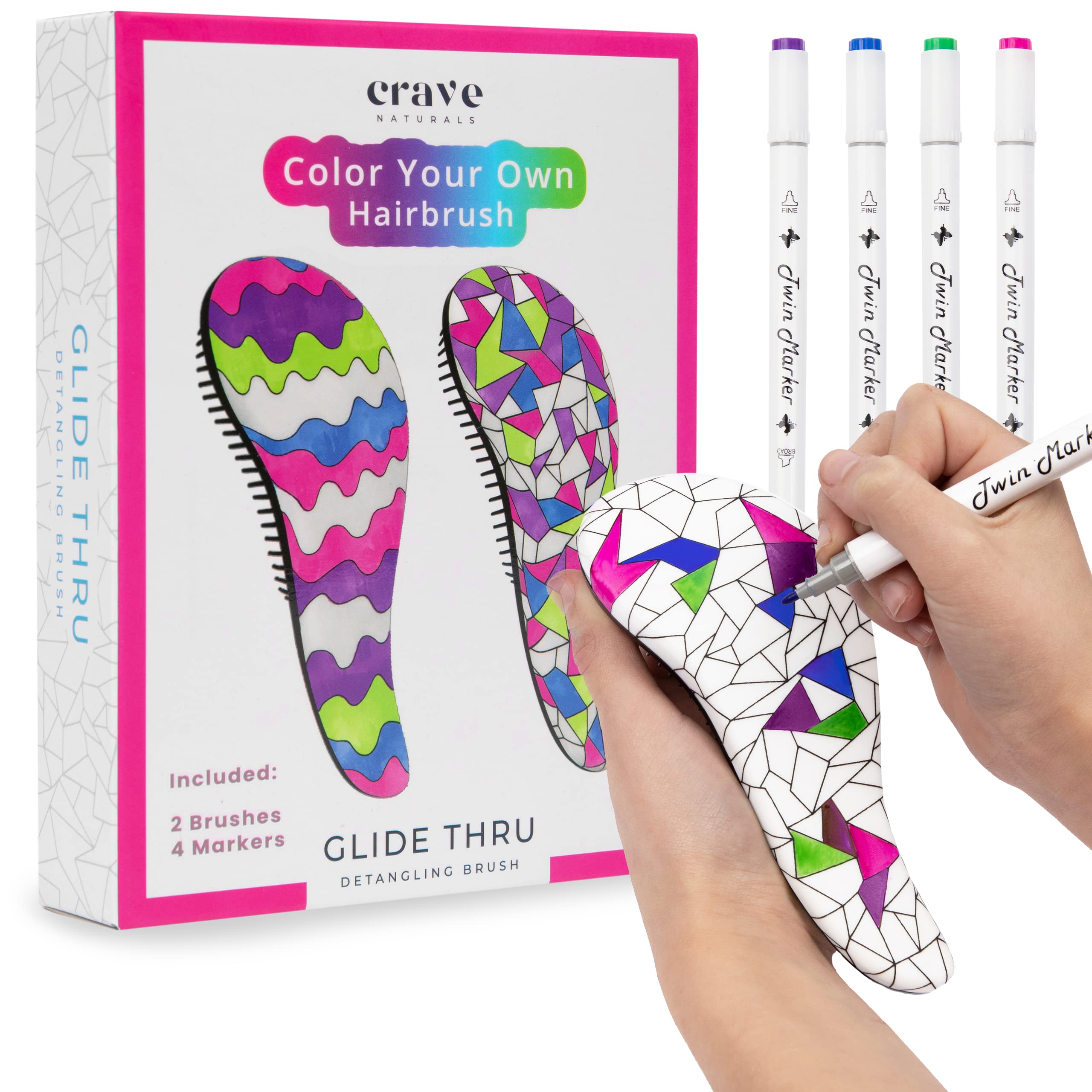Photo 1 of Crave Naturals Color Your Own Small Kids Hair Brush, 2pk - Arts & Crafts, Mini Detangler for Toddlers - Activities for Children 4-8 (Wavy/Mosaic)