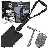 RHINO USA Folding Survival Shovel w/Pick - Heavy Duty Carbon Steel Military Style Entrenching Tool for Off Road, Camping, Gar