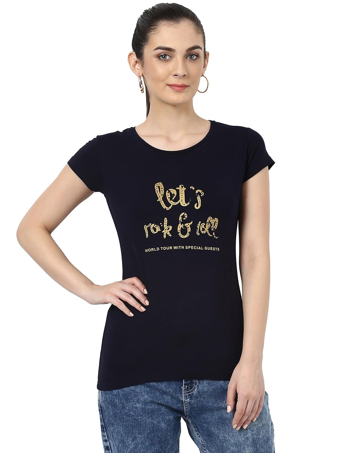 monte carlo navy blue printed round neck top