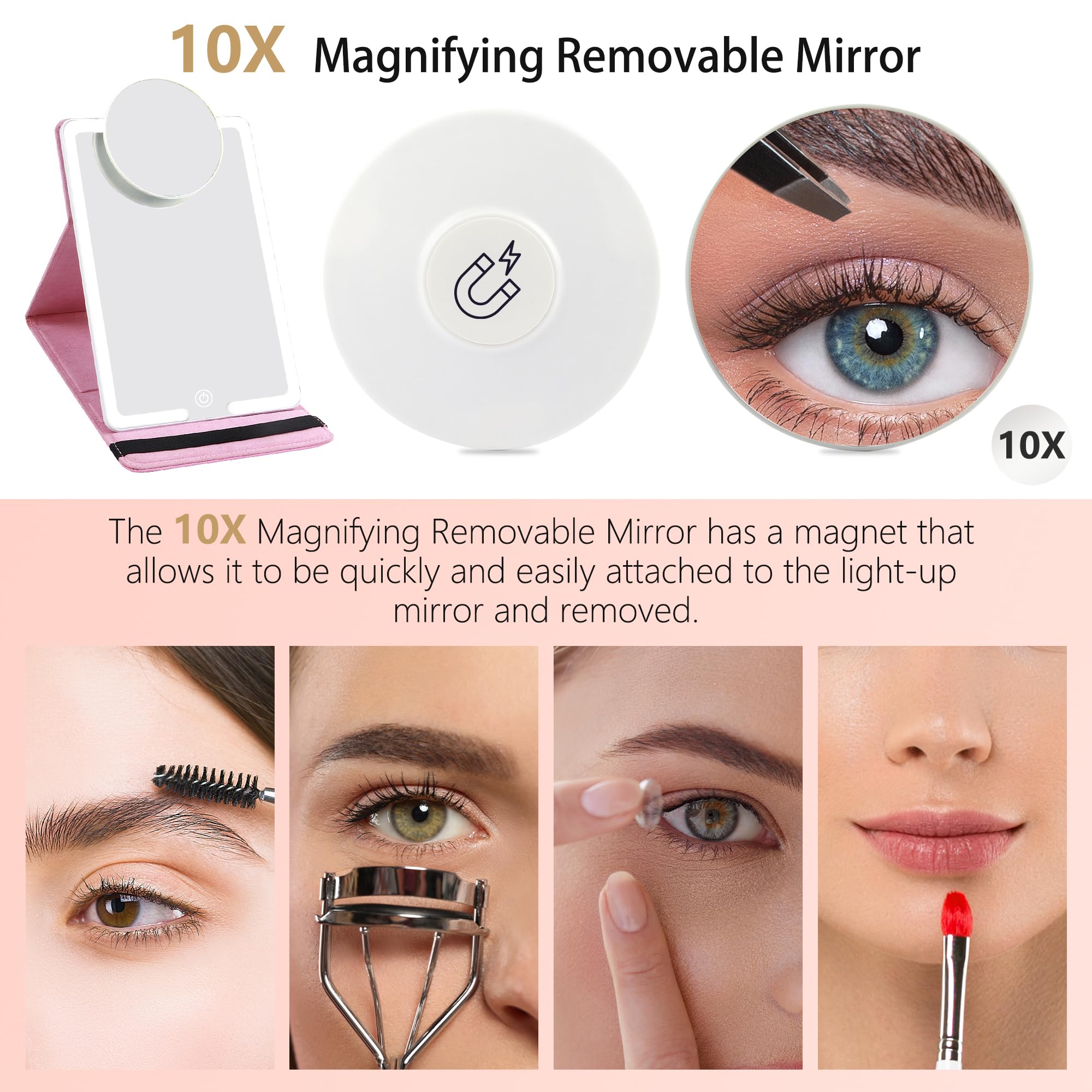 WangSelect Travel Makeup Bag with Light Up Mirror Makeup Organizer Box Travel Train Case Portable Campct Mirror Cosmetic Bag for Women (Pink)