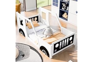 MERITLINE Twin Size Kids Floor Bed with Car-Shaped and Wheels, Wooden Twin Platform Bed Frames with Doors and Windows, Twin Car Bed with Slat Support for Kids Boys Girls, No Box Spring Needed, White