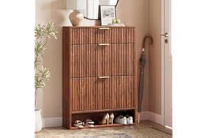 Evermagin 31.5''W Walnut Shoe Cabinet Storage with Drawer for Entryway, Fluted Slim Shoe Dresser with 2 Flip Drawers, Narrow Shoe Rack Cabinet, Hidden Shoe Organizer Cabinet for Entrance, Hallway