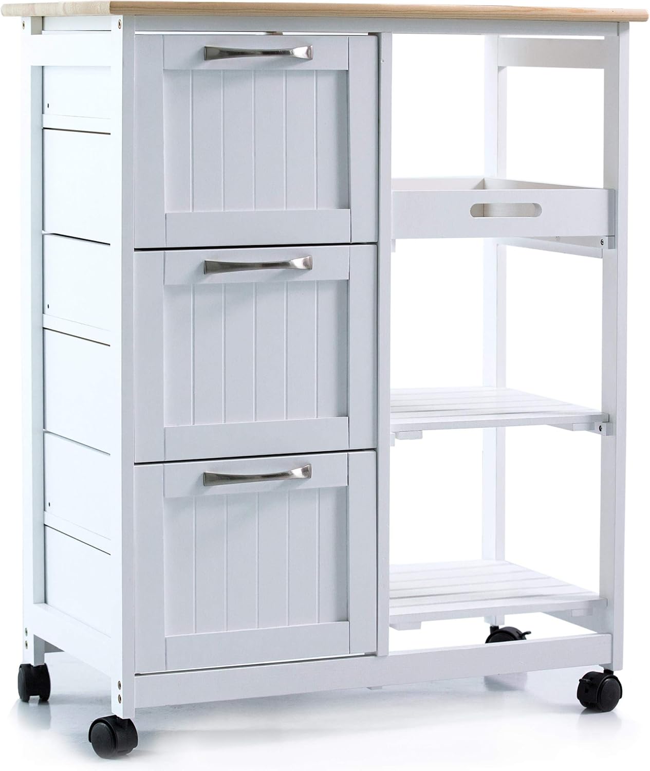 Küchenwagen auf Rollen, Servierwagen mit 3 Schubladen und 3 Ebenen, Arbeitsplatte aus Holz, Rollwagen 67x37x84 cm, Küchentrolley im Landhausstil, Weiß